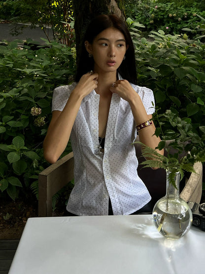 Y2K White Star Polka Dot Short Sleeve Shirt Fitted Structured Shoulder Cropped Vintage Top