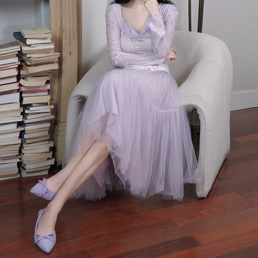 Purple V-Neck Long Sleeve Set Gown Prom Dress