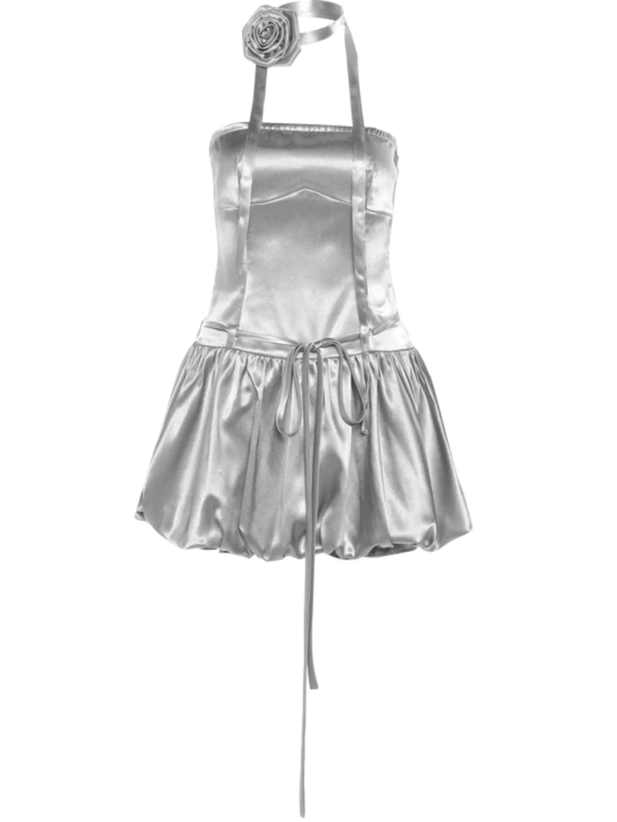 Silver Floral-Embellished Waist-Cinched Tube Top Dress With Versatile Shorts