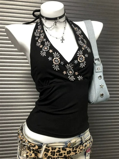 Black American V-Neck Embroidered Halter Backless Y2K Tank Top
