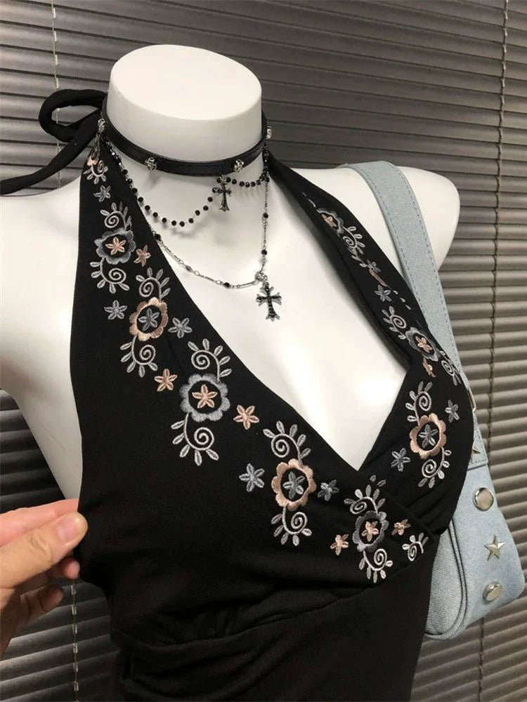 Black American V-Neck Embroidered Halter Backless Y2K Tank Top