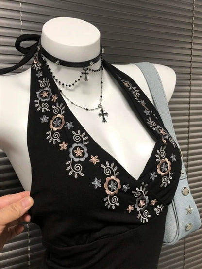 Black American V-Neck Embroidered Halter Backless Y2K Tank Top