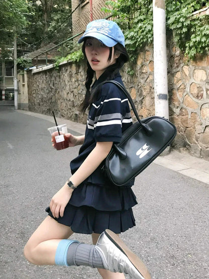 Striped Polo Tee with Puff Sleeves Loose Half-Zip Crop Top