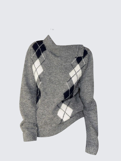 Argyle Asymmetric Collar Knit Sweater Women
