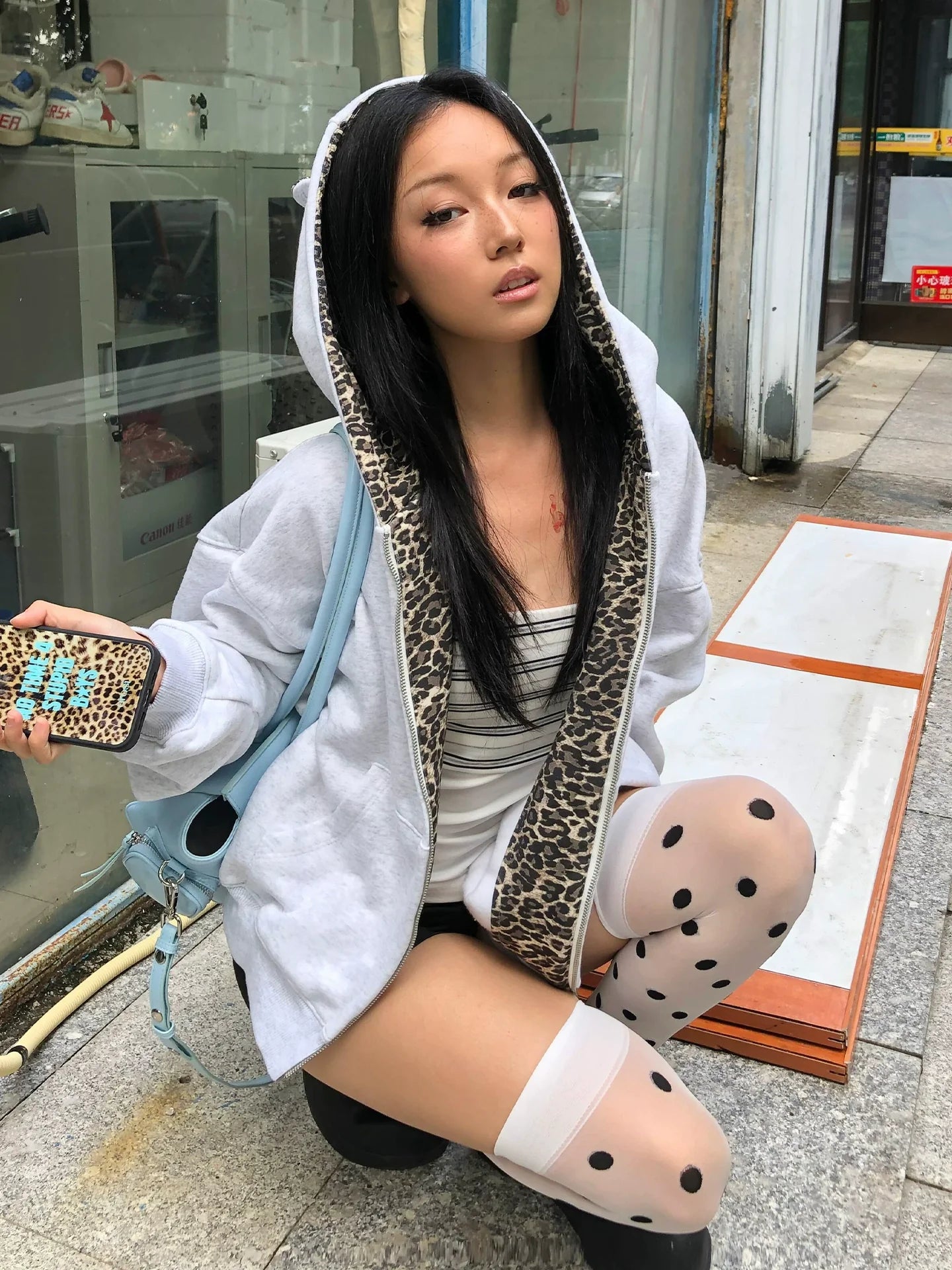 Retro Leopard Ear Hoodie Zip Up Top