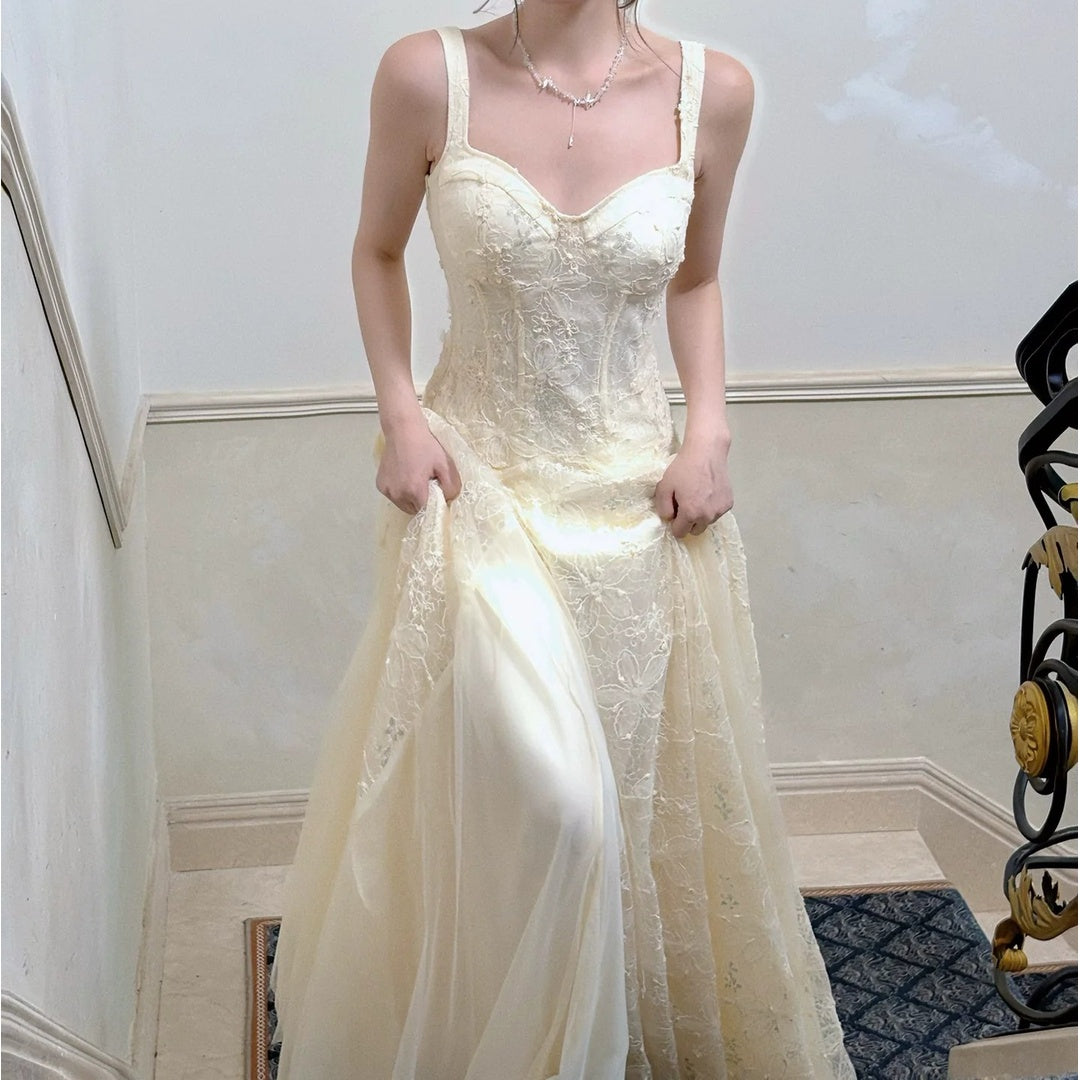 French Lace Mesh Spaghetti Gown Dress