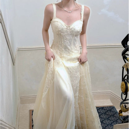 French Lace Mesh Spaghetti Gown Dress