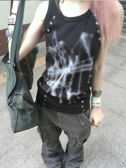 Y2K Subculture Black Tank Top Punk Fitted Sleeveless Visual Kei Style