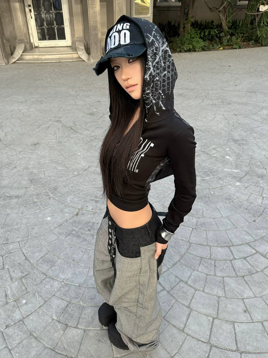 Y2K Hooded Boxing Long Sleeve Top