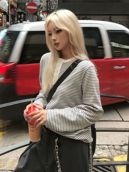 Retro Striped Henley Long Sleeve Top for Early Autumn
