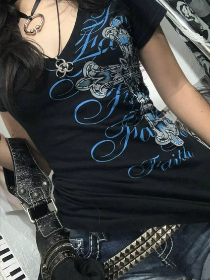 Blue Cross Print Subculture Rock Punk Y2K Abi American Retro V-neck Short Sleeve Top