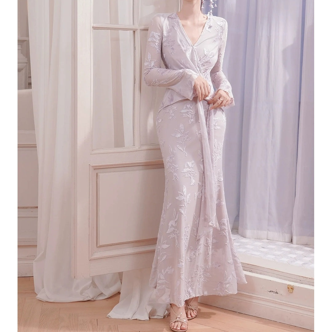 Vintage Purple Jacquard Long Sleeve Mermaid Gown Dress