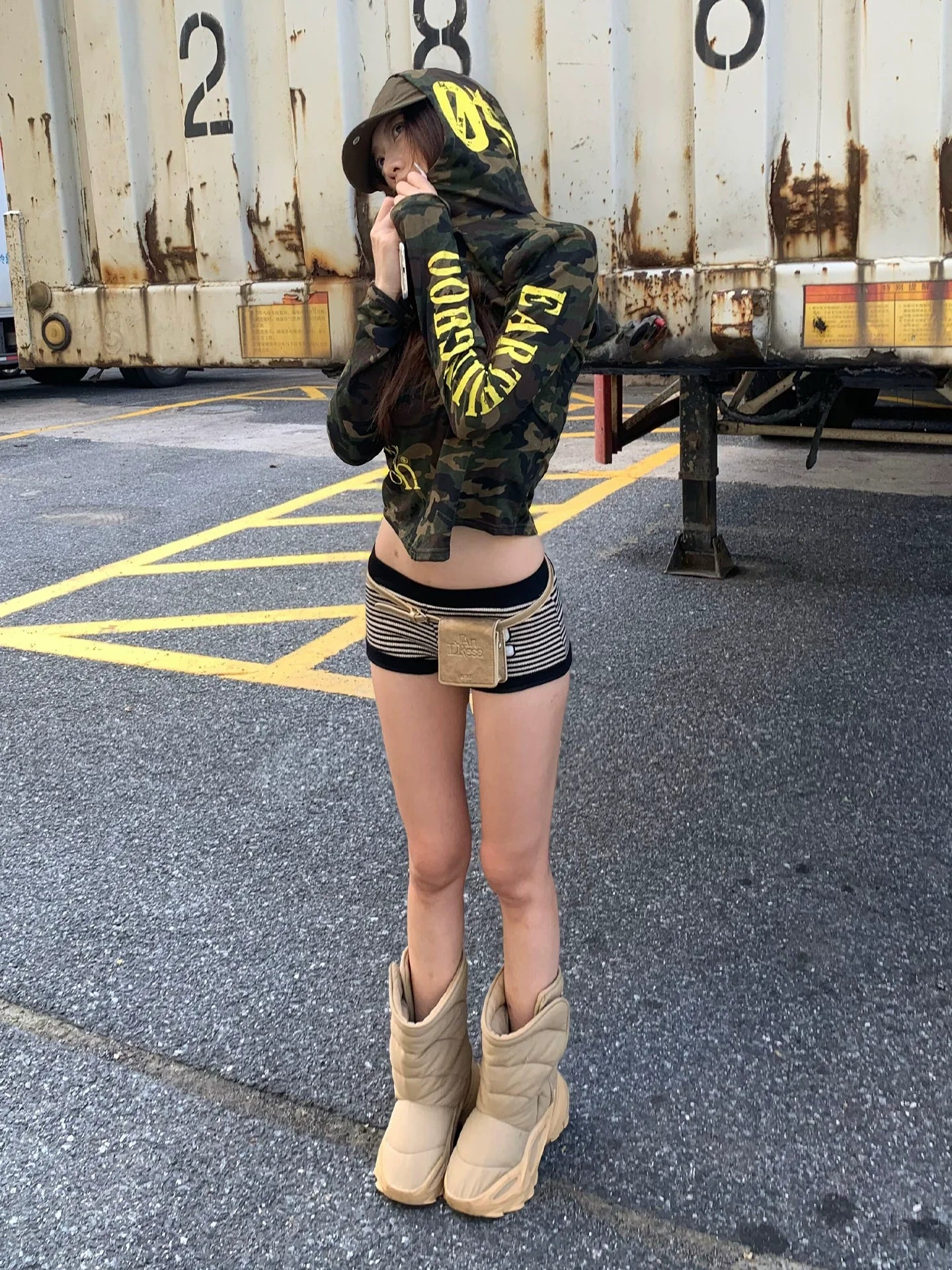 American Camo Hooded Long Sleeve Tee Slim Fit Street Layering Top