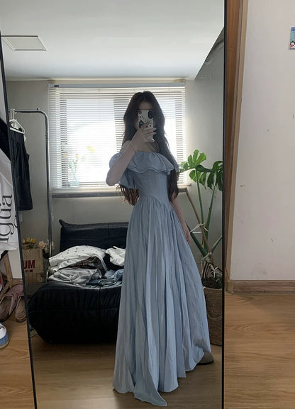 Blue Ruffled Sleeve Off-The-Shoulder French Retro Dress