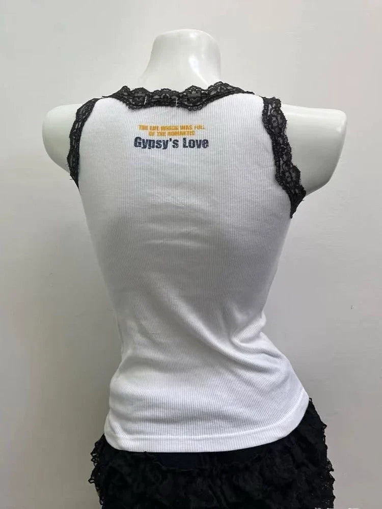 White [Lace Detail] Subculture Y2K E-girl Abi American Retro Print Tank Top