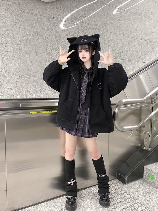 Black Y2K Japanese Anime Cat-Ear Hooded Faux Lamb Puffer Jacket
