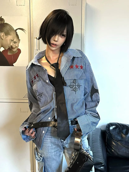 Y2K Distressed Striped Long Sleeve Shirt