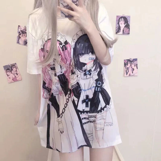 White Japanese Anime E-Sports Girl Print Niche Design Oversized Y2K T-Shirt