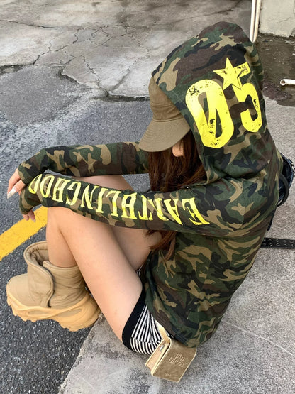 American Camo Hooded Long Sleeve Tee Slim Fit Street Layering Top