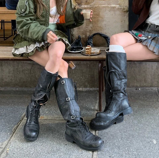 Genuine Leather Lace Up Platform Chunky Heel Knee High Biker Women's Boots