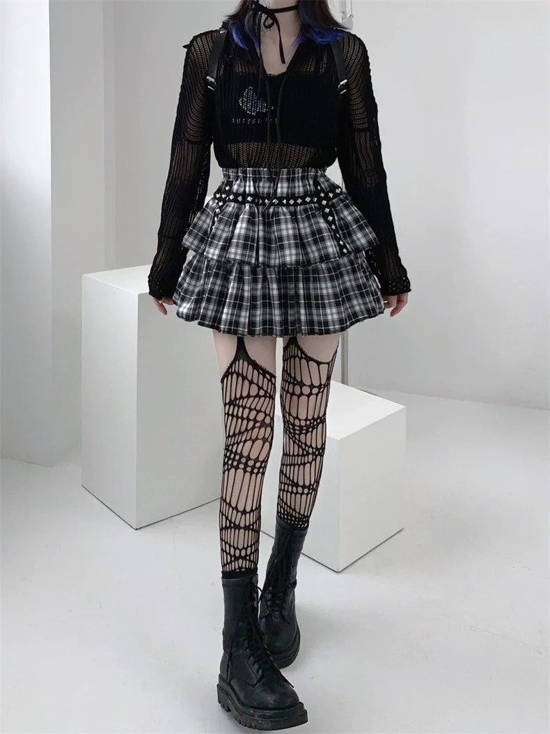 Plaid Rivet Double-Layer Cake Skirt Subculture Punk Y2K E-girl Rock Black & White High-Waisted Skirt