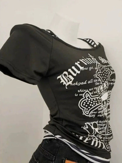 Black Subculture Rock Punk Y2K E-girl Abi Vintage Print Short Sleeve Top