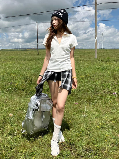 American Sporty V-Neck Polo Tee Summer Slim Fit Badminton Tennis Crop Top