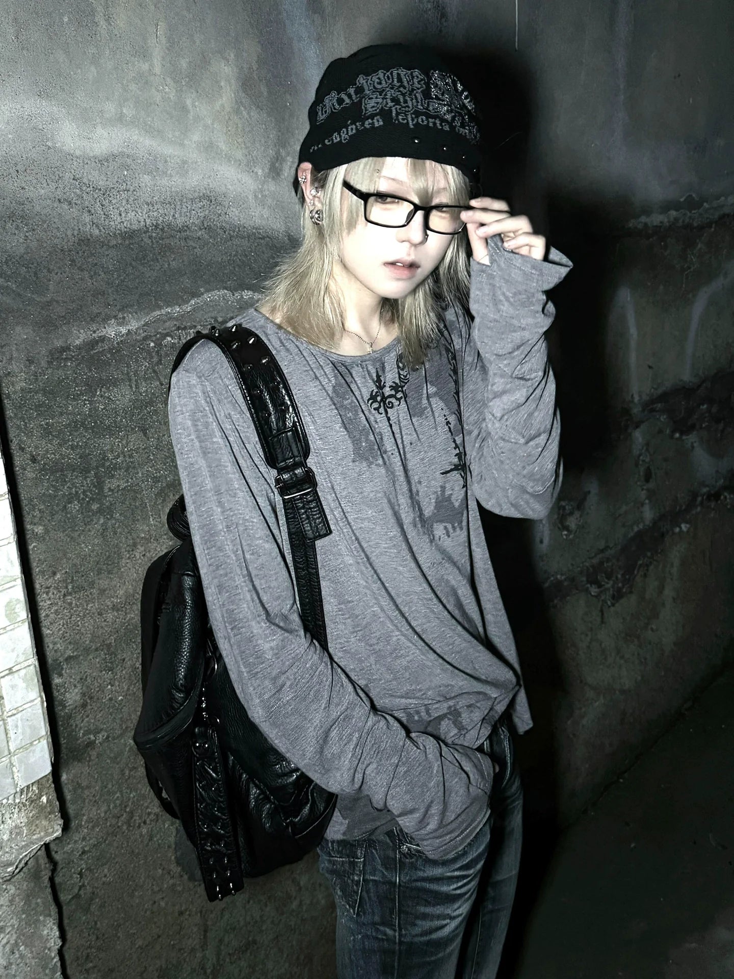 Y2K Grey Wide-Neck Long Sleeve Tee Visual Kei Punk Base Top