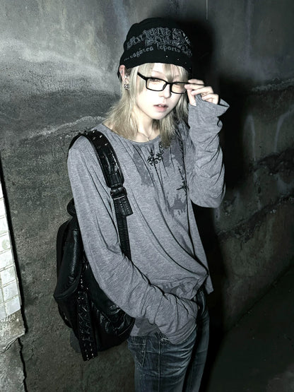 Y2K Grey Wide-Neck Long Sleeve Tee Visual Kei Punk Base Top