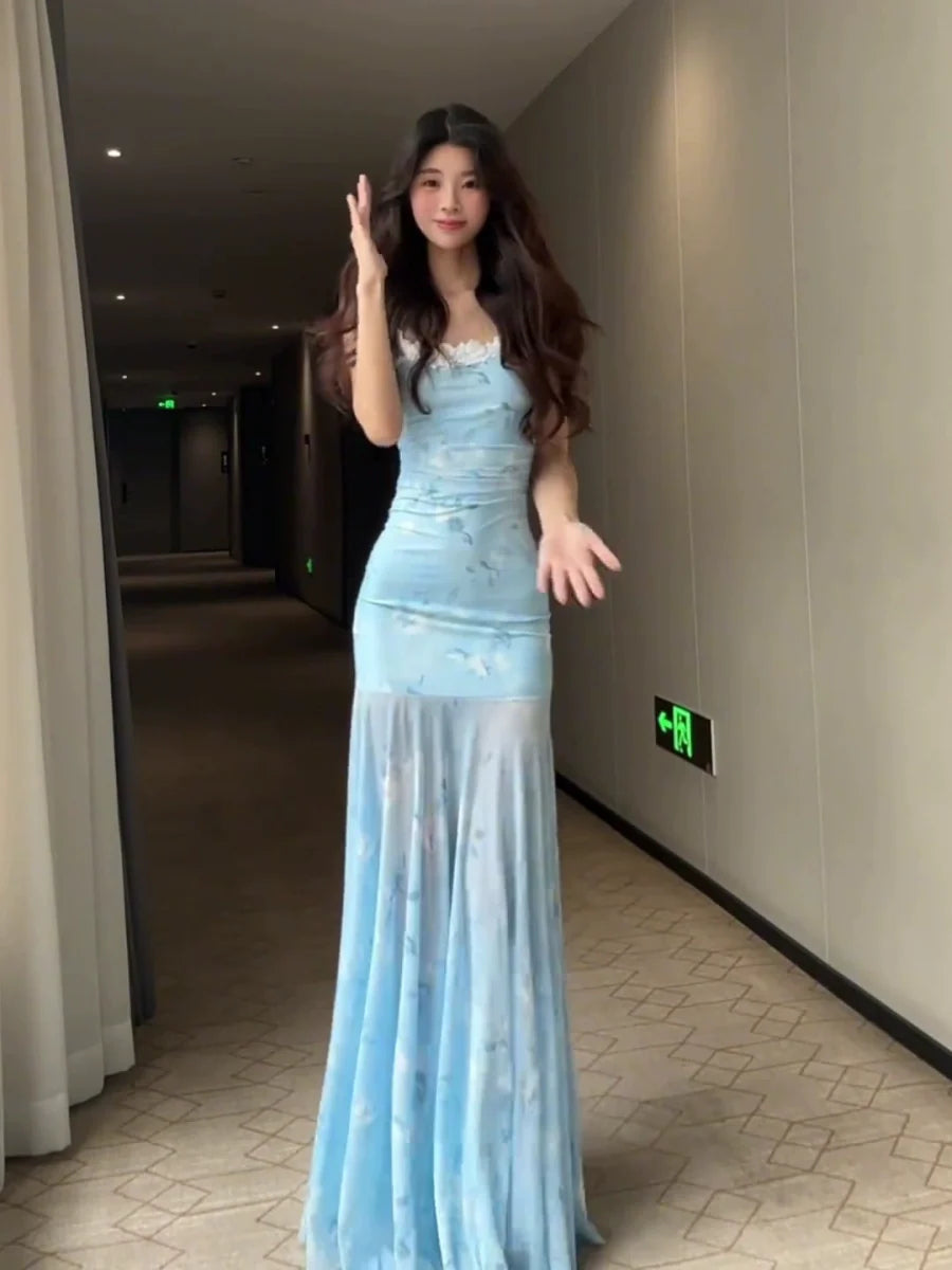 French Blue Lace Tulle Camisole Mermaid Bodycon Maxi Dress