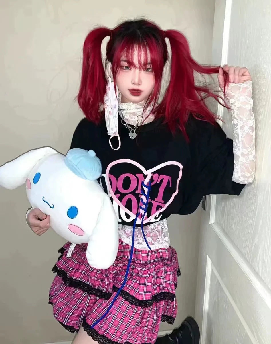 Magenta Plaid Lace Cake Skirt Subculture Y2K E-girl Niche Design High-Waisted Fluffy Skirt