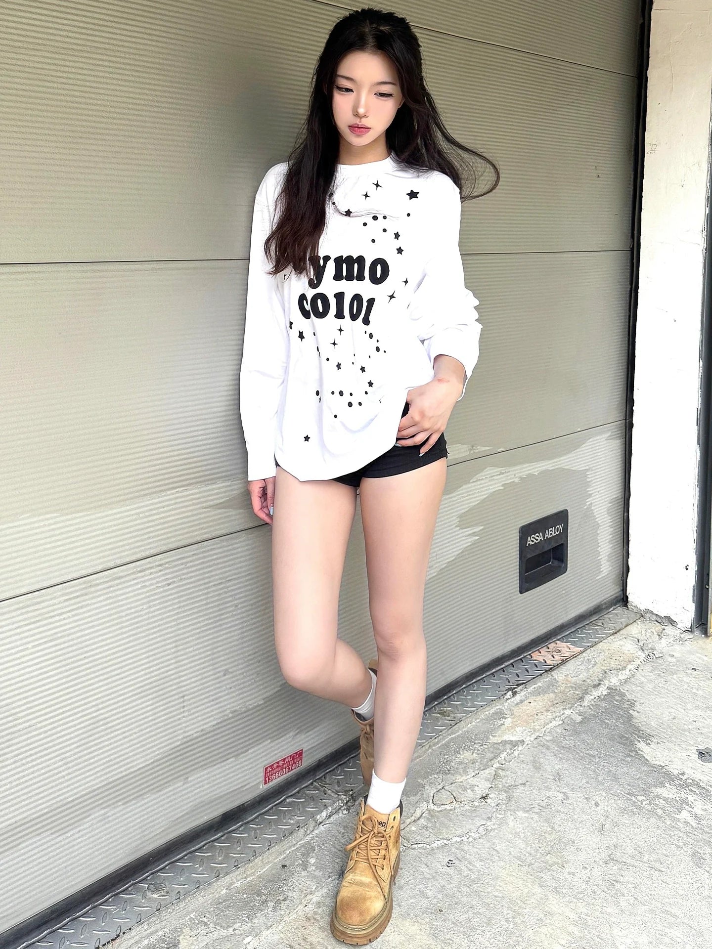 Korean White Star Print Long Sleeve Tee