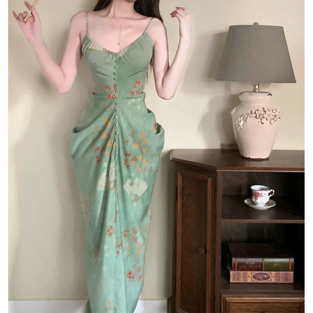 Modern Chinese Vintage Green Spaghetti Gown Dress