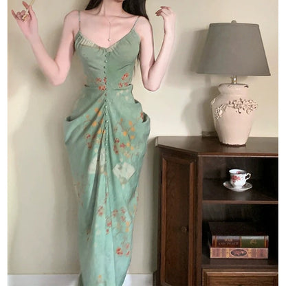 Modern Chinese Vintage Green Spaghetti Gown Dress