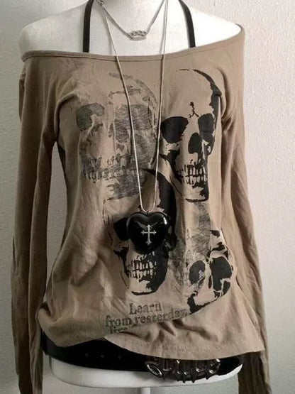 Brown Vintage Skull Off-The-Shoulder Fitted Y2K T-Shirt