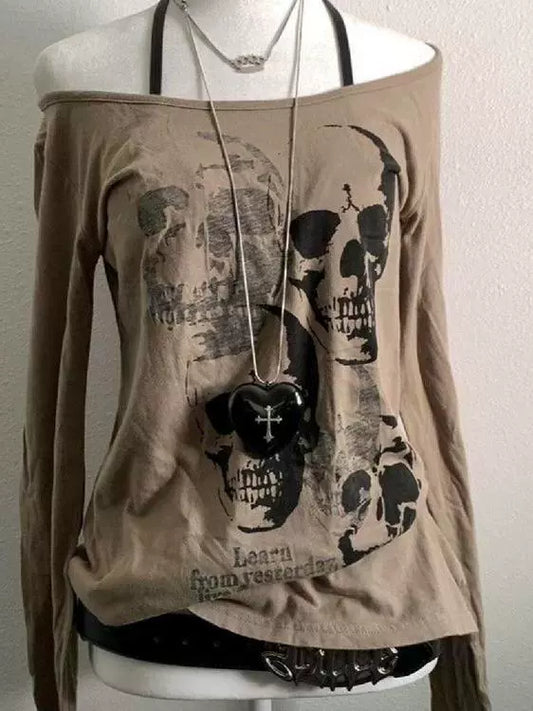 Brown Vintage Skull Off-The-Shoulder Fitted Y2K T-Shirt
