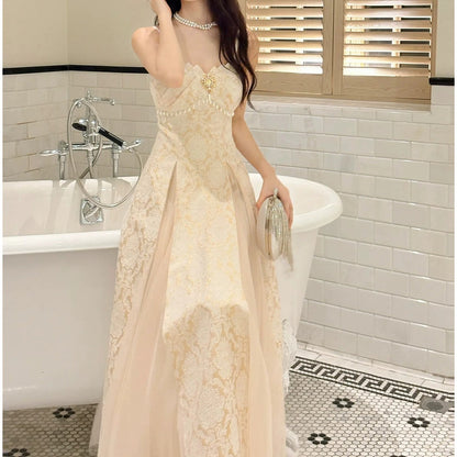 French Printed Spaghetti Strap Fitted Waist Gown Dress