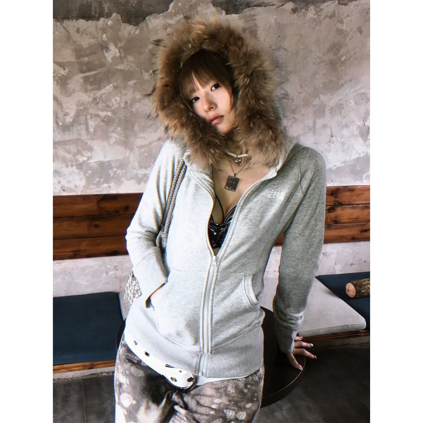 Detachable Fur Collar Zip Up Hoodie Slim Fit Y2K Top