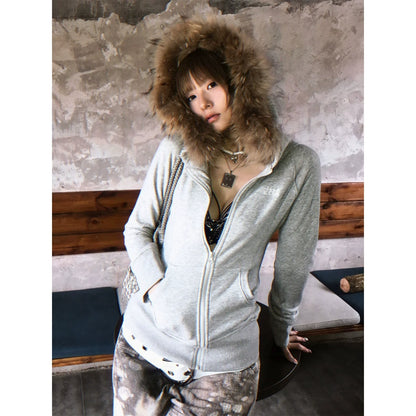 Detachable Fur Collar Zip Up Hoodie Slim Fit Y2K Top