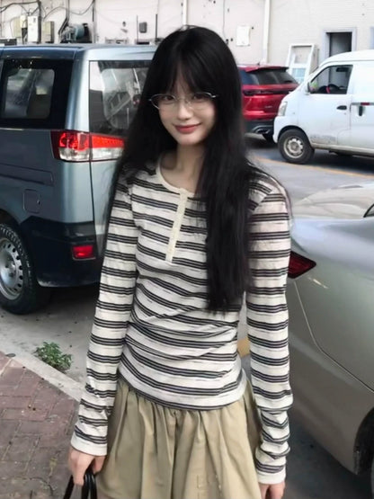 Retro Black White Striped Henley Long Sleeve Top