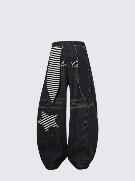 Vintage Star Embroidered Black Jeans