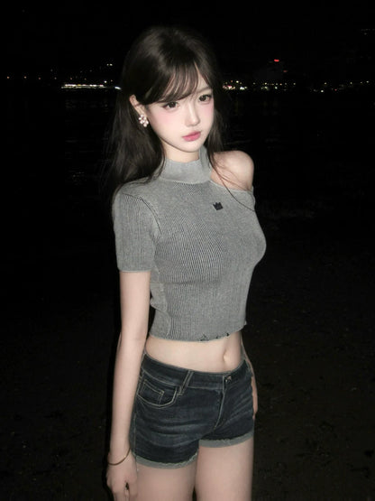 Asymmetrical Knitted Shoulder Short Sleeve Slim Crop Top