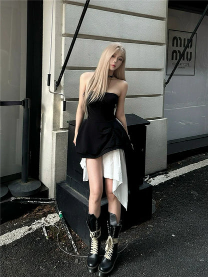 Black Tube Top Open-Back Asymmetrical Midi Dress