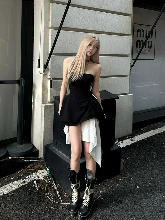 Black Tube Top Open-Back Asymmetrical Midi Dress