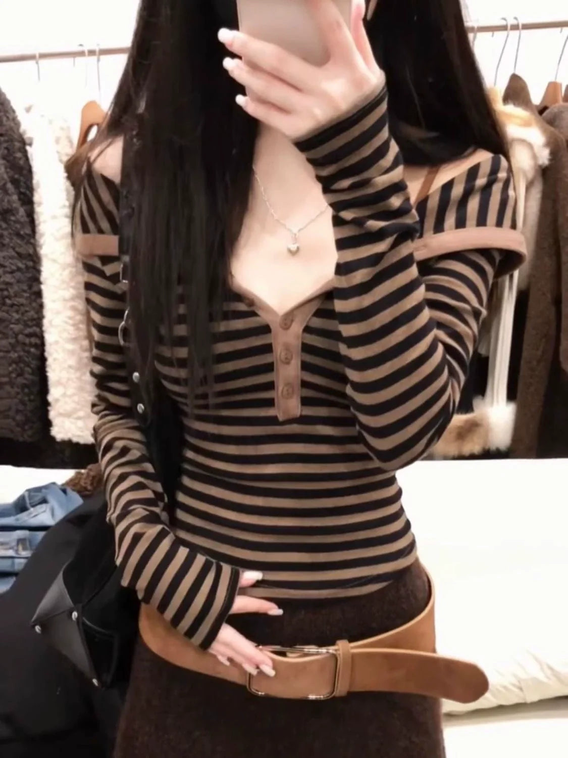 Brown Coffee One-Shoulder Striped Subculture Y2K Abi American Retro Light Subculture Long Sleeve Top