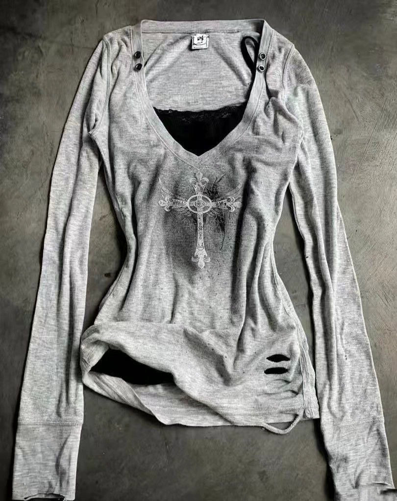 Gray T-shirt & Black Camisole Set Subculture Punk Y2K Abi Vintage V-neck Cross Ripped Matching Set