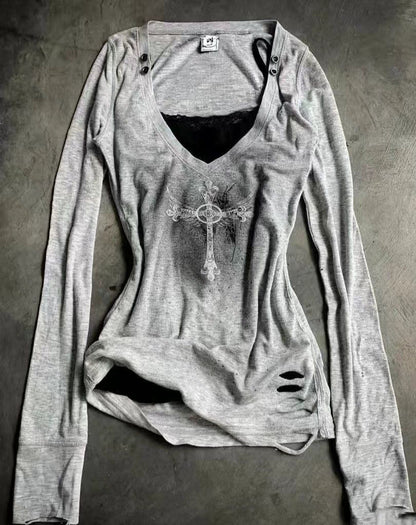 Gray T-shirt & Black Camisole Set Subculture Punk Y2K Abi Vintage V-neck Cross Ripped Matching Set