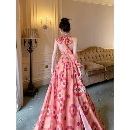 French Orange Floral Halter Neck Gown Dress – Summer Vacation Dress
