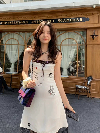 Fun Graffiti Print Lace-Paneled Halter Unique Design Summer Mini Dress