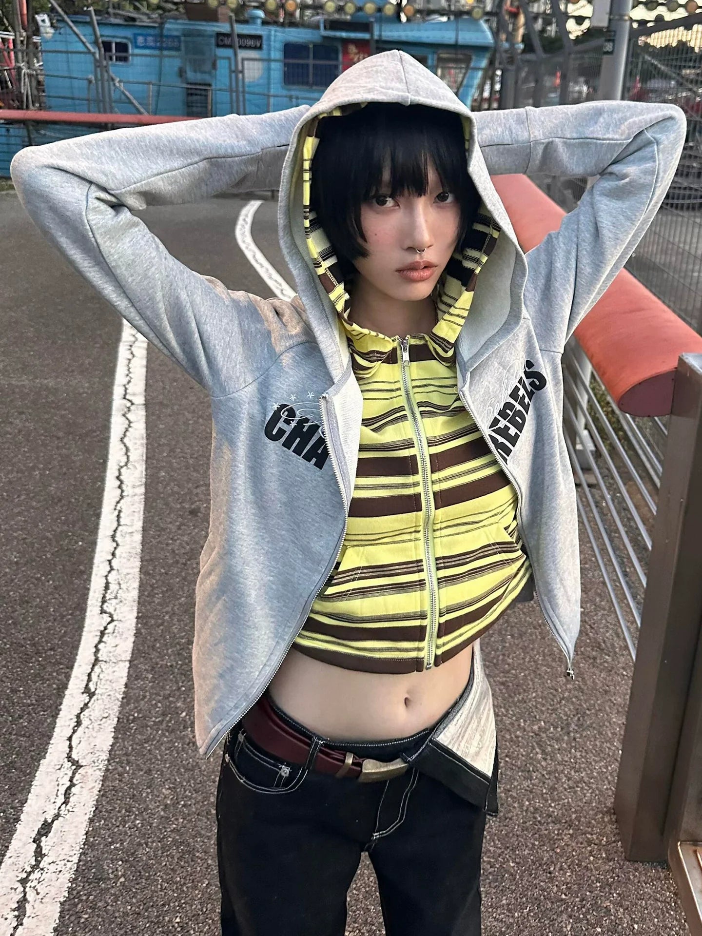 Colorblock Zip Up Hoodie Faux Layered Top Slim Fit